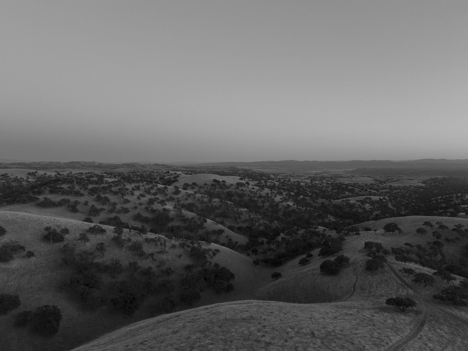 The ranch hills at dusk from the air